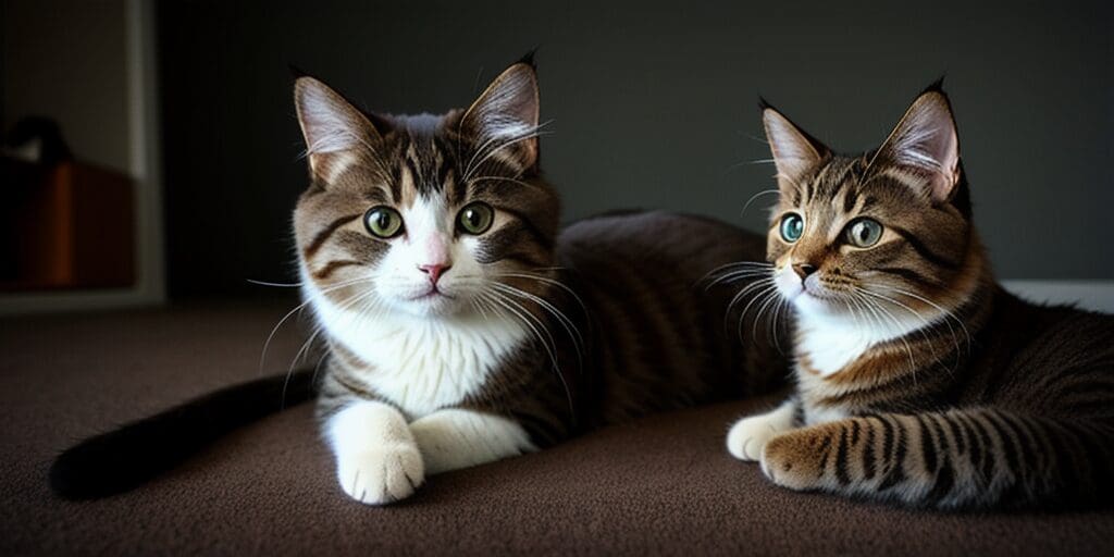Two cats are sitting on a brown carpet. The cat on the left is gray and white, staring at the camera. The cat on the right is brown and white, looking away from the camera.