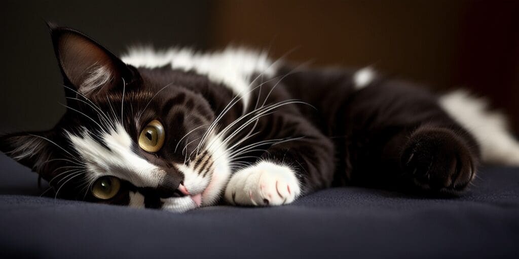 A black and white cat is lying on a black surface. The cat has green eyes and a pink nose. Its left paw is extended in front of him.
