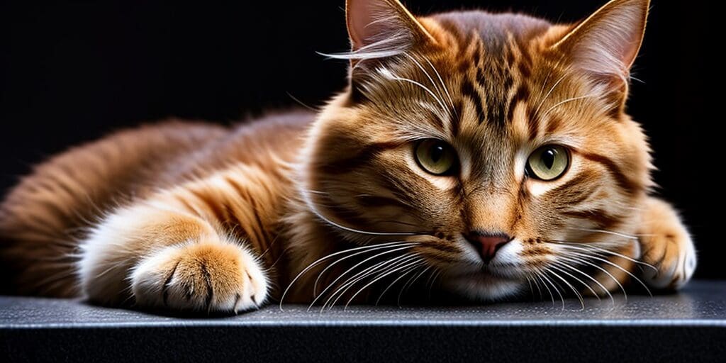 A ginger cat is lying on a black surface. The cat has green eyes and is looking at the camera.