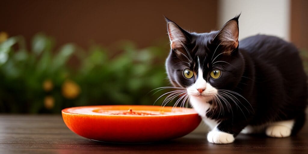 A black and white cat is sitting next to a bowl of food. The cat has green eyes and is looking at the camera. The bowl is red and made of ceramic. There is a plant in the background.
