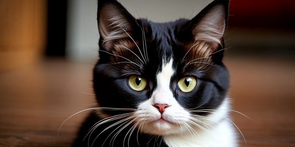 A close-up of a black and white cat looking at the camera with its green eyes.