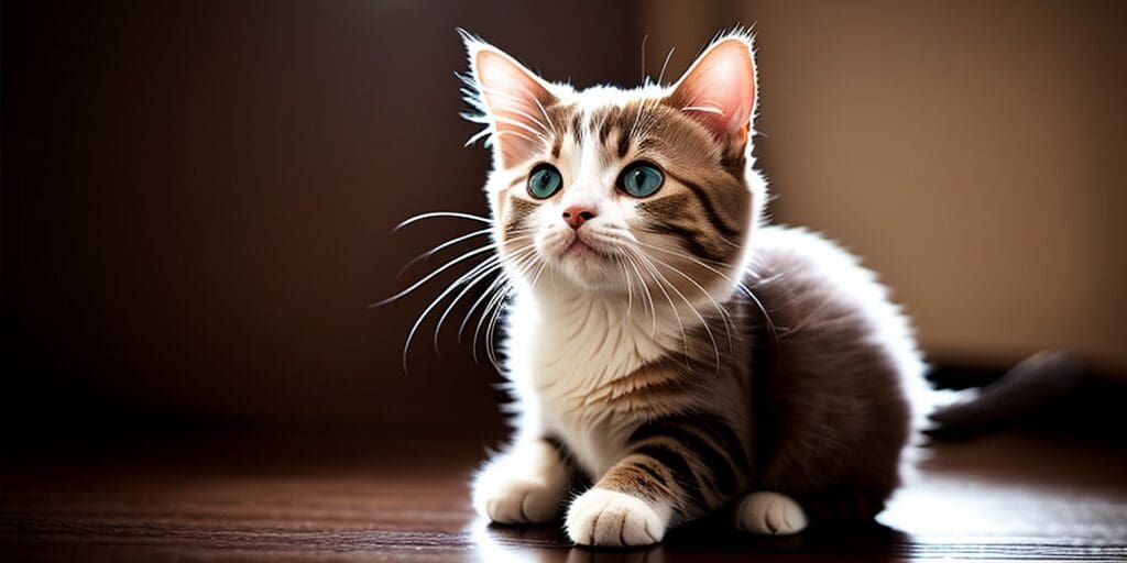 A cute tabby kitten with blue eyes is sitting on a wooden floor. The kitten is looking up at something off-camera.