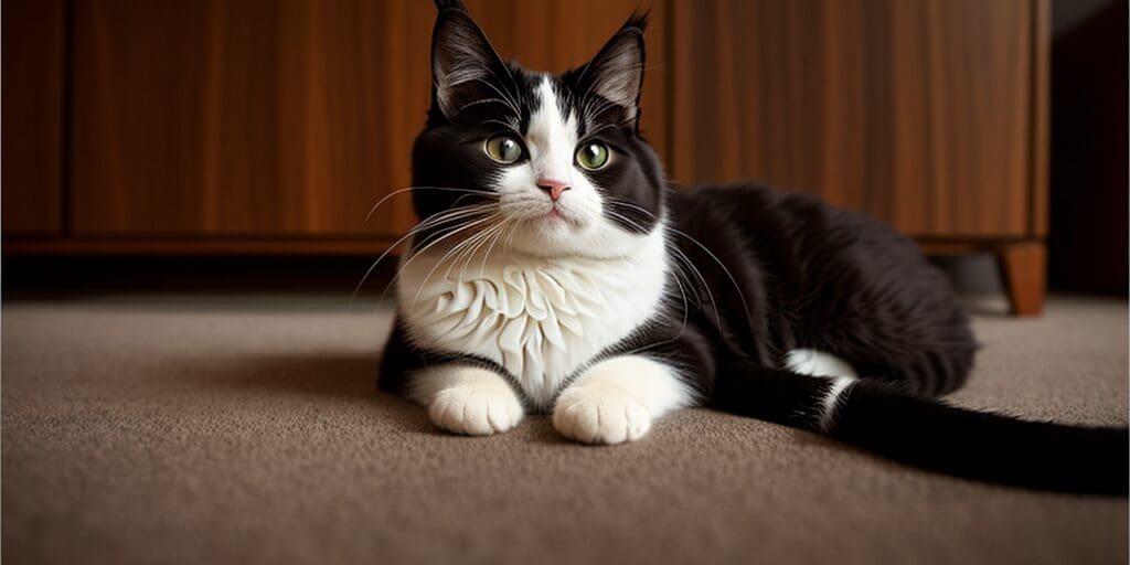 A black and white cat is lying on the brown carpet. The cat has green eyes and a white belly. Its tail is long and fluffy.