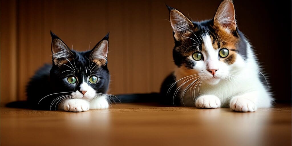 A close-up of two cats sitting side by side, looking at the camera. The cat on the left is black with white paws and a white belly, while the cat on the right is calico.