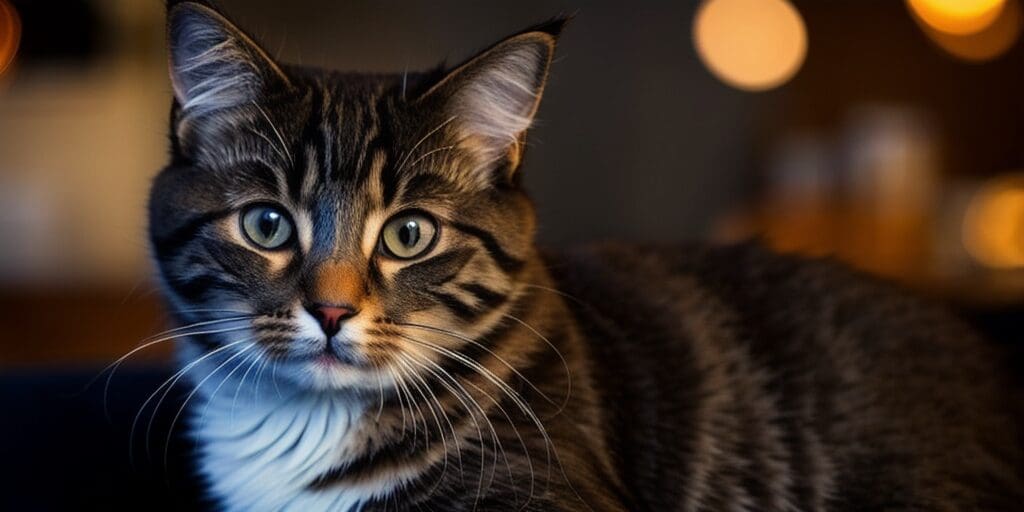 A close-up of a tabby cat with green eyes, looking at the camera with a curious expression. The cat has a white patch of fur on its chest and is sitting in a dark room with blurry lights in the background.