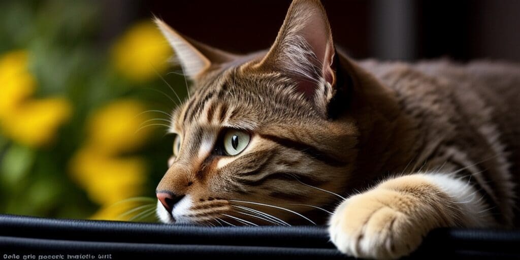 A close up of a tabby cat looking out a window. The cat has its paw resting on a black railing. The background is blurry and contains yellow and green colors.