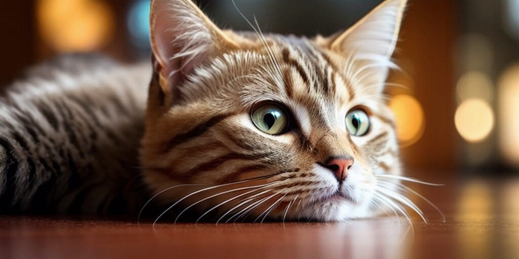 A ginger cat is lying on a wooden table staring off to the side. The cat has green eyes and white whiskers. The background is blurry and has a warm orange hue.