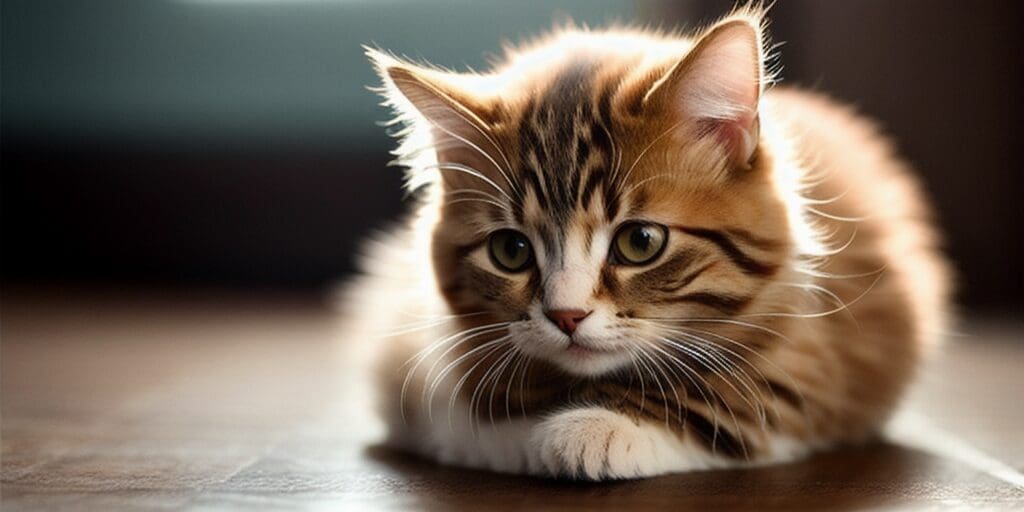 A cute tabby kitten with big green eyes is sitting on the floor and looking at the camera. The kitten's fur is brown, orange, and white, and it has a pink nose and black whiskers. The floor is brown and the background is blurry.