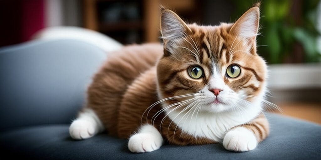 A ginger and white cat is lying on a gray couch. The cat has wide green eyes and is looking at the camera.