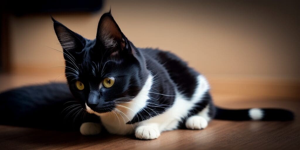 A black and white cat is sitting on the floor, looking to the left. The cat has green eyes and a white belly. The floor is brown and the background is blurry.