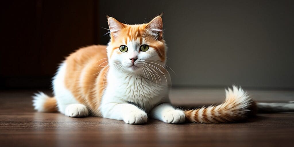 A ginger and white cat is sitting on a wooden floor. The cat has green eyes and is looking at the camera.