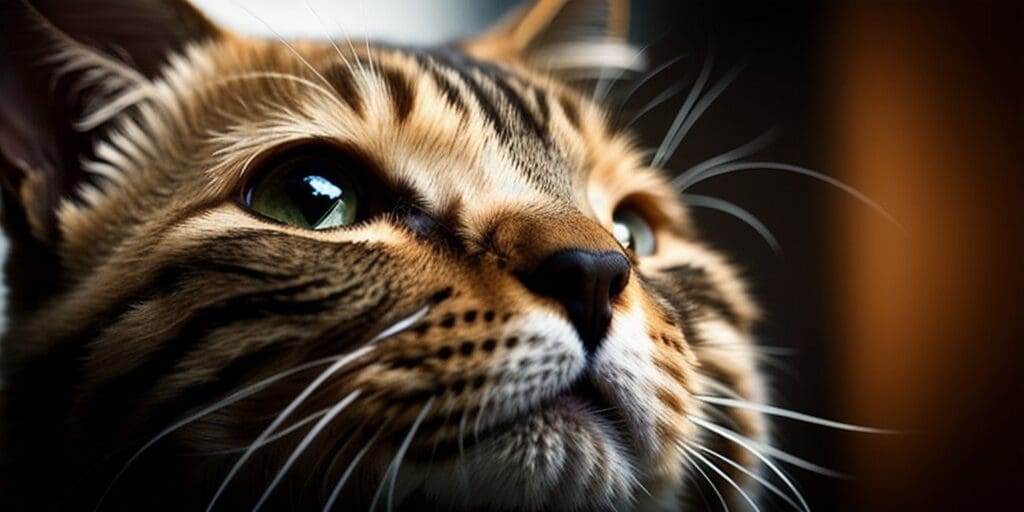 A close-up of a brown tabby cat looking up with wide green eyes.