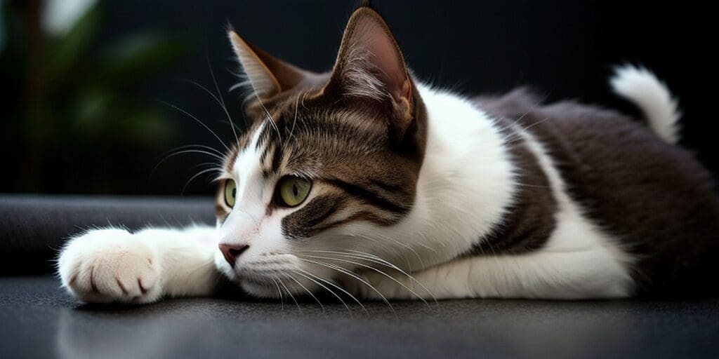 A brown and white cat is lying on a black surface. The cat has its paw outstretched and is looking to the left.
