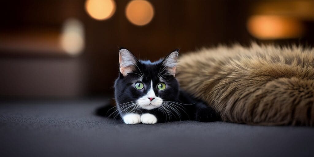 A black and white cat is lying on a gray couch. The cat has green eyes and is looking at the camera. There is a brown fur blanket on the couch behind the cat. The background is blurry.
