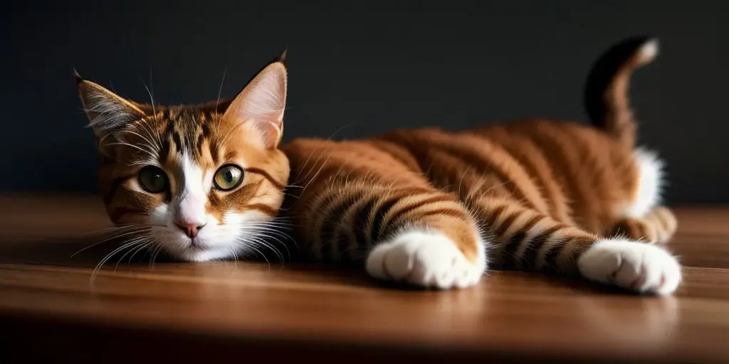 A ginger cat is lying on a wooden table. The cat has its head resting on its paws and is looking at the camera. The cat's fur is short and tabby, and its eyes are green. The background is a dark color.
