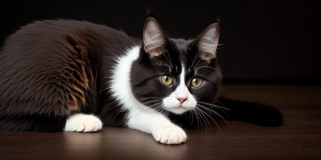 A black and white cat is lying on a wooden floor. The cat has green eyes and is looking at the camera.