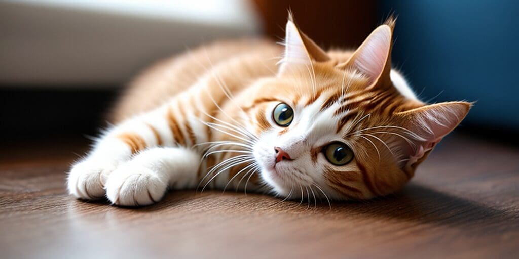 A ginger and white cat is lying on a wooden floor. The cat has its head turned to the side and is looking at the camera. The cat's eyes are green and its fur is short and tabby.