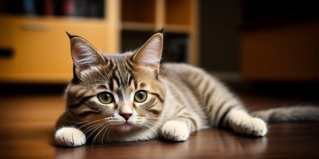A cute tabby cat is lying on the floor and looking at the camera with big green eyes. The cat has white paws and a white belly, and its fur is brown with dark stripes. The background is blurry and brown.