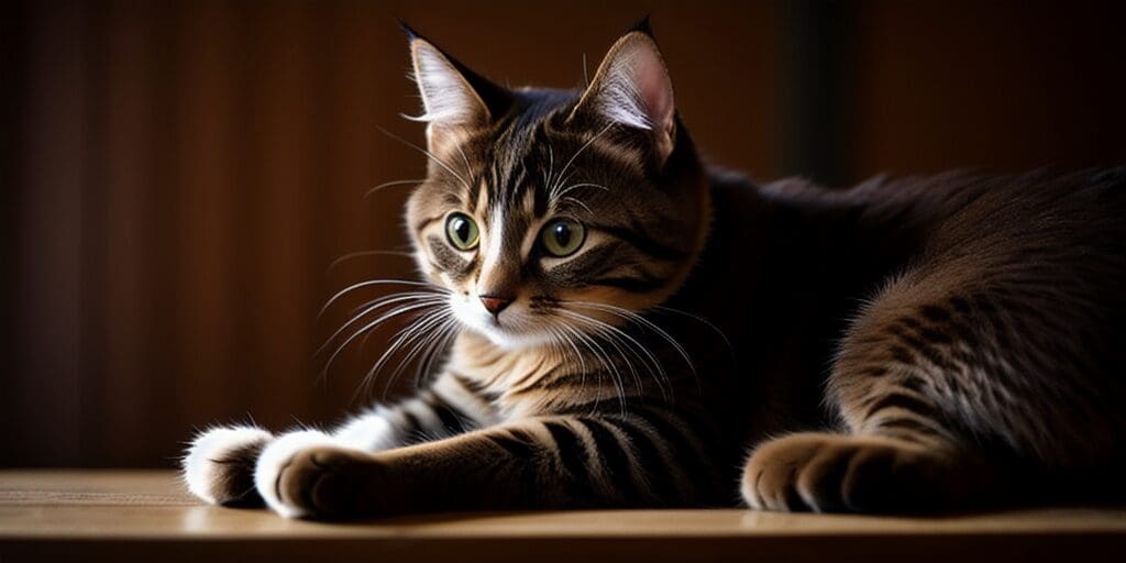 A brown tabby cat is lying on a wooden table. The cat has green eyes and white paws.