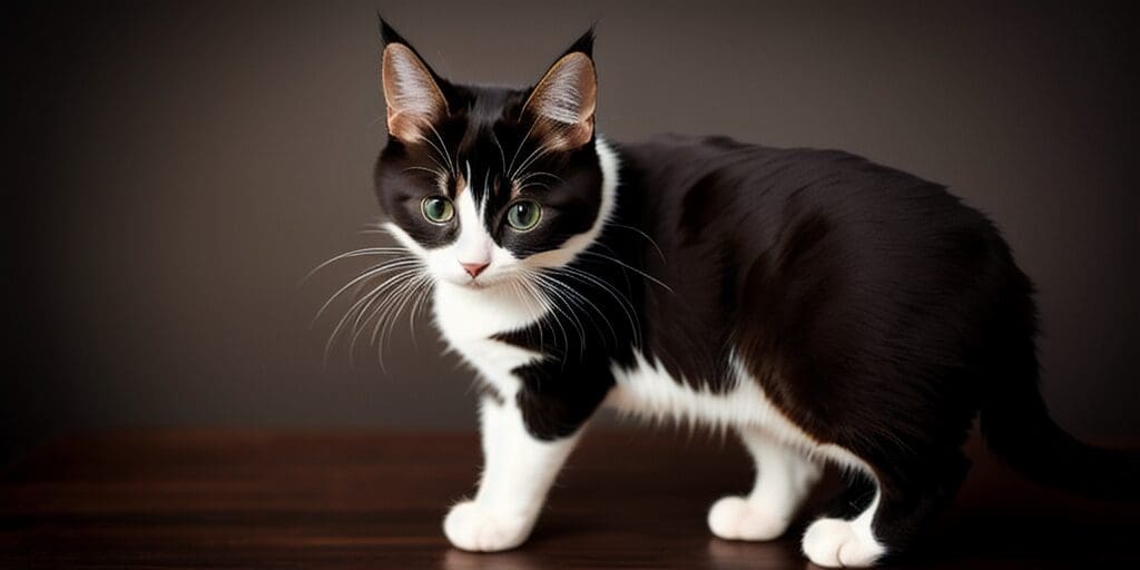 A black and white cat with green eyes is standing on a wooden table. The cat has a white belly and white paws. Its tail is black with a white tip.