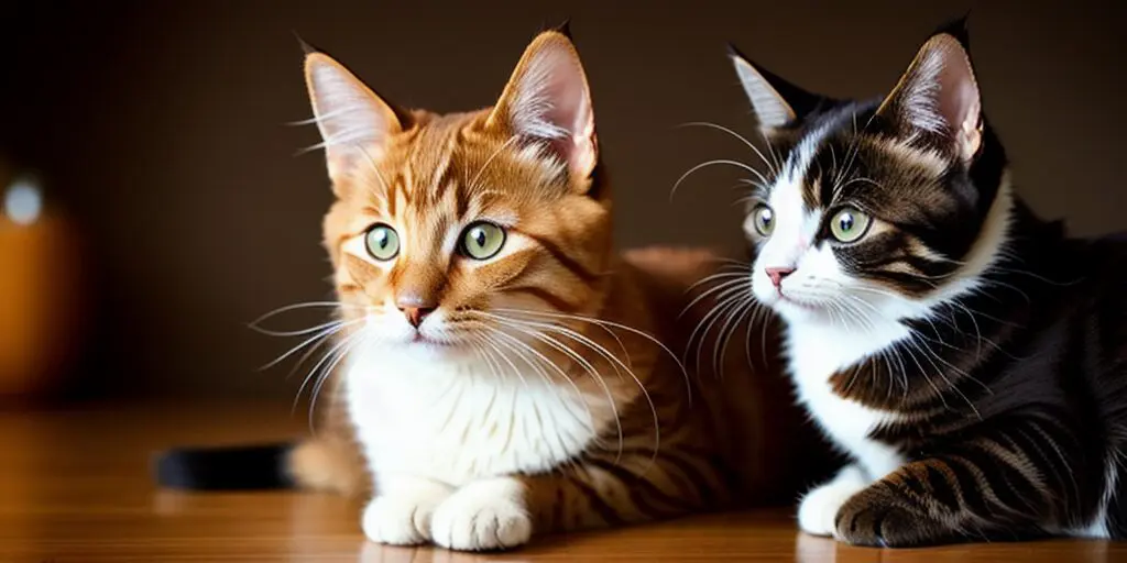A ginger cat and a tuxedo cat are sitting on a wooden table. The ginger cat is looking at the camera, while the tuxedo cat is looking away.