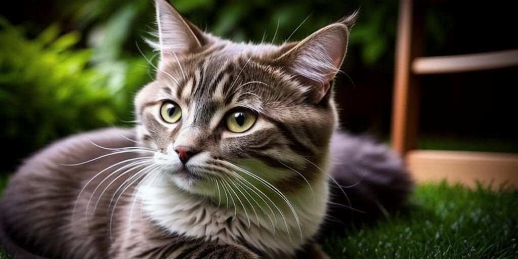 A close up of a tabby cat with green eyes, looking off to the side. The cat is sitting on a green lawn, with its front paws resting in front of him. The cat has a white patch of fur on its chest and white whiskers.