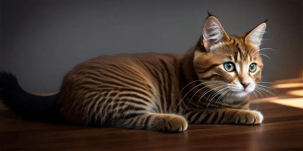 A ginger cat with green eyes is lying on a wooden table. The cat has a unique coat pattern with dark brown stripes.