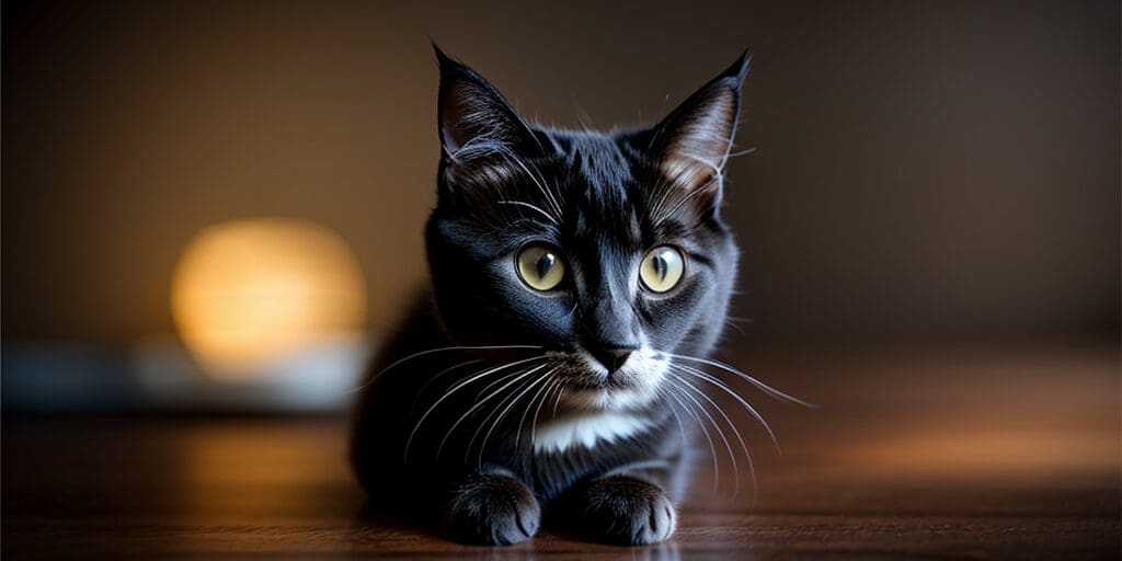 A black cat with yellow eyes is sitting on a wooden table. The cat is looking at the camera. There is a warm light in the background.