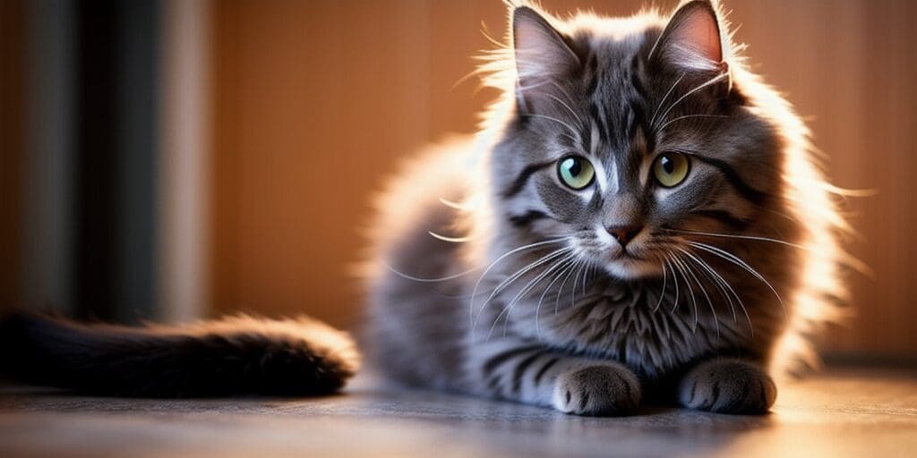 A gray cat with green eyes is sitting on the floor and looking at the camera. The cat is in a warm, sunny room and has a soft, fluffy coat.