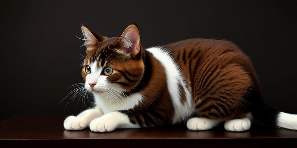 A brown and white cat is sitting on a dark brown table. The cat has green eyes and is looking to the right.