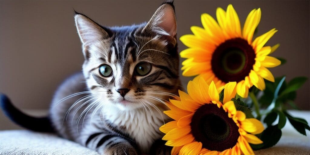A gray and white cat is sitting next to a bouquet of sunflowers. The cat is looking at the camera.