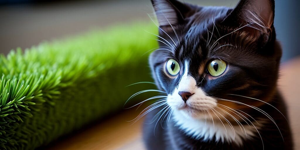 A black and white cat is sitting next to a green plant. The cat has wide green eyes and is looking away from the camera.