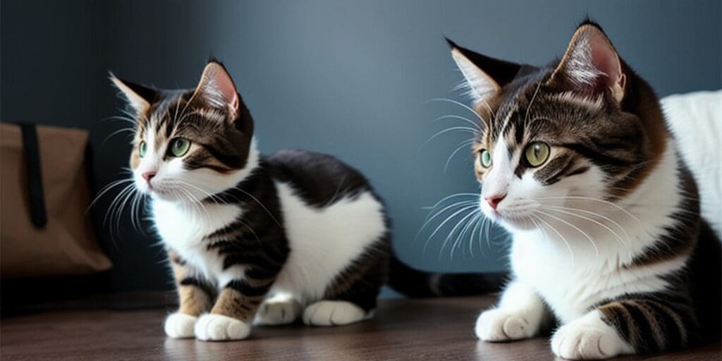 Two cats, one slightly smaller than the other, are sitting on a wooden table. The cats are both looking in the same direction. The background is a dark blue wall.