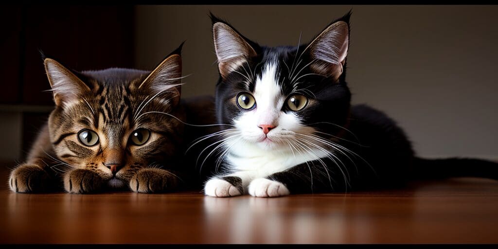 A close up of two cats sitting on a wooden table looking at the camera. The cat on the left is brown tabby, the cat on the right is black and white tuxedo.