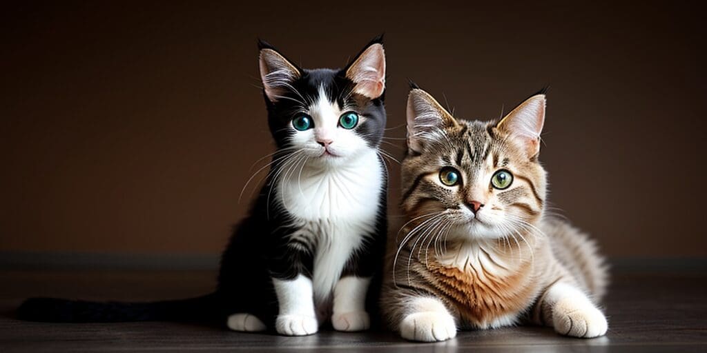 A black and white cat and a tabby cat are sitting next to each other on a wooden floor against a brown background.