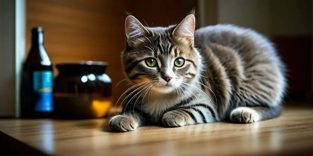 A cat is sitting on a table. The cat is gray and white, with green eyes. There is a jar and a bottle on the table.