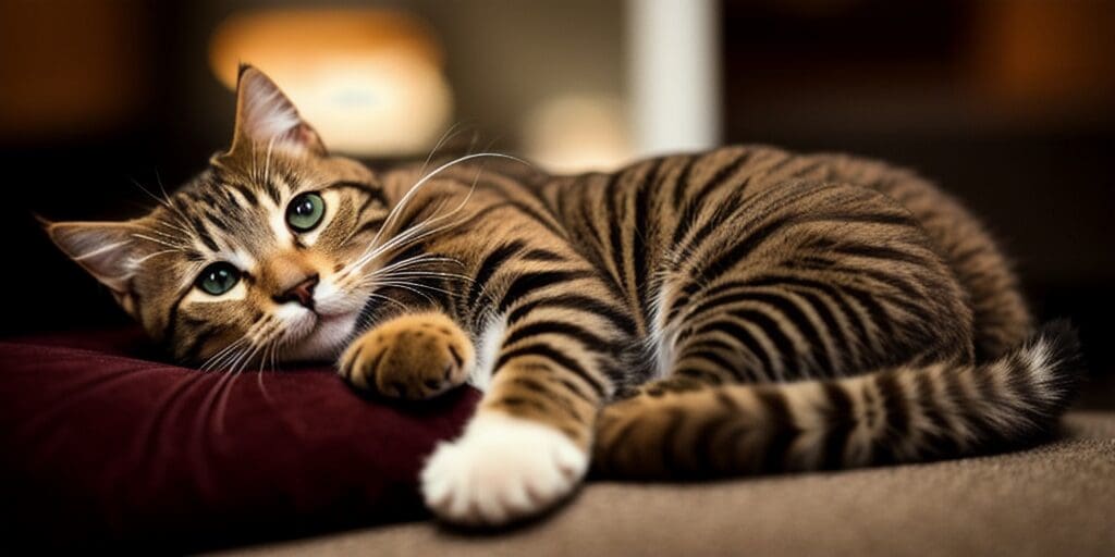 A brown tabby cat is lying on a maroon pillow and looking at the camera. The cat has green eyes and white paws.