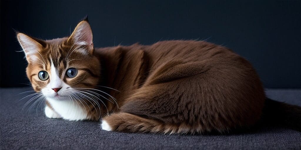 A brown cat with white paws and a white belly is lying on a gray carpet. The cat has blue eyes and is looking at the camera.