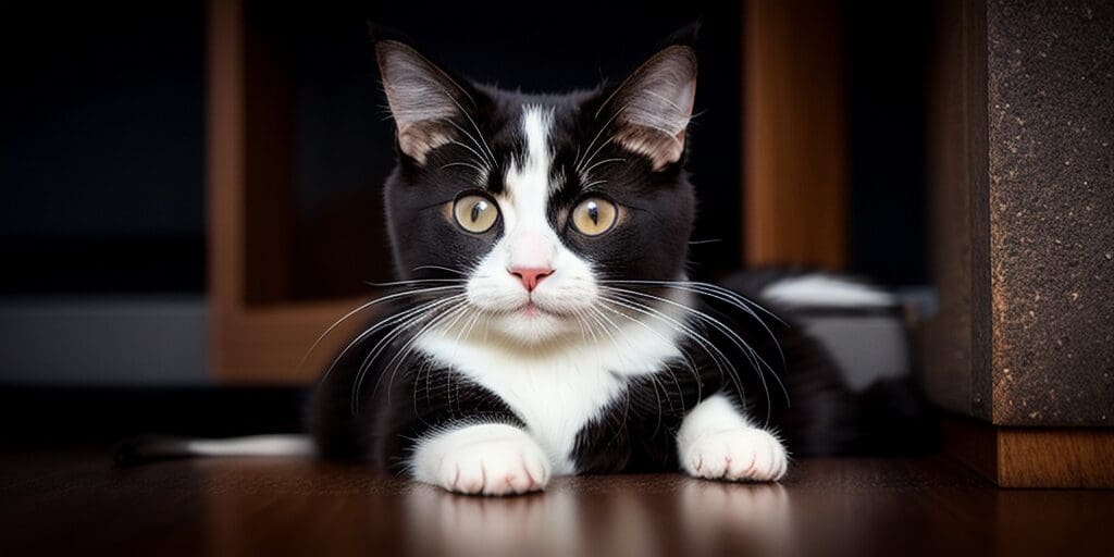 A black and white cat is sitting on the floor in front of a dark background. The cat has wide, yellow eyes and is looking at the camera.