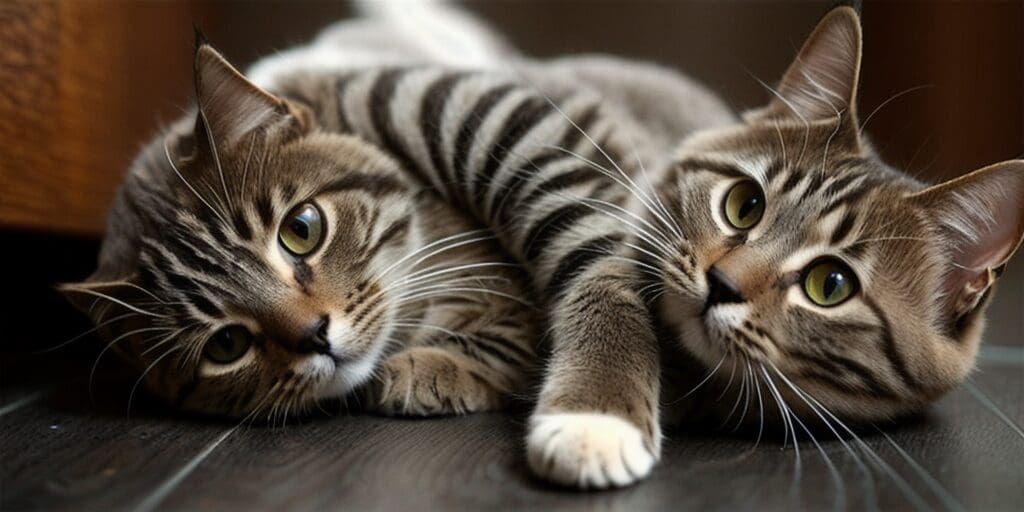 Two tabby cats are lying on the floor next to each other. The cat on the left is looking at the camera, while the cat on the right is looking away.