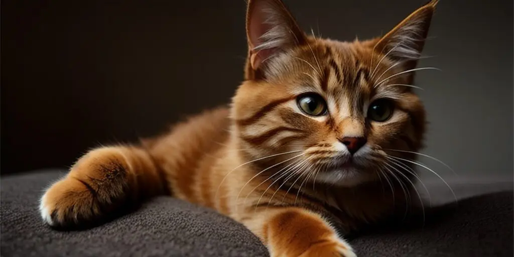 A ginger cat is lying on a brown blanket. The cat has its paw tucked under its chin and is looking at the camera with its green eyes.