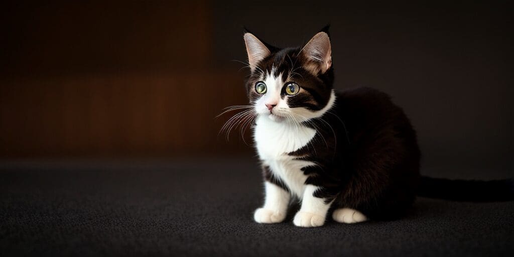 A black and white kitten sits on a dark carpet and looks off to the side with wide green eyes.