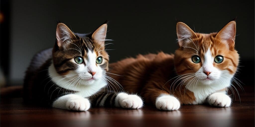 A close-up of two cats sitting side by side, looking at the camera. The cat on the left is brown and white, while the cat on the right is orange and white.