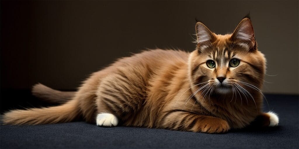 A ginger cat is lying on a black surface. The cat has green eyes and a long tail.