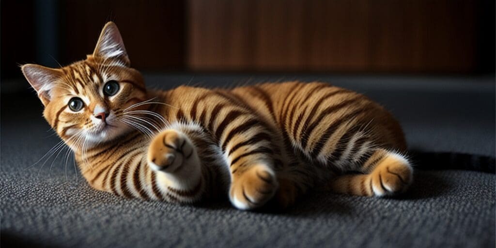 A ginger cat with tabby stripes is lying on a gray carpet. The cat is looking at the camera with its green eyes.