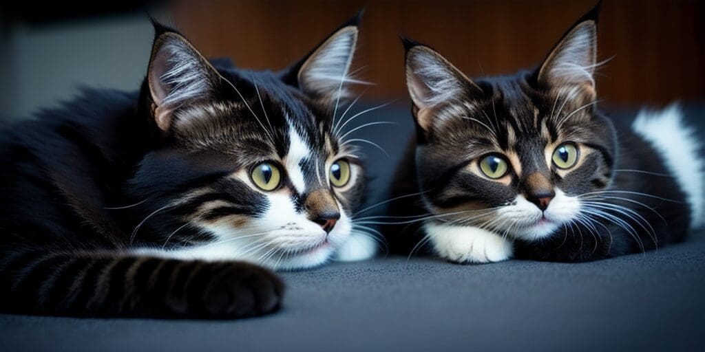 A close up of two cats lying on a gray surface. The cats are both looking in the same direction. The cat on the left is black and white, while the cat on the right is brown, black, and white.