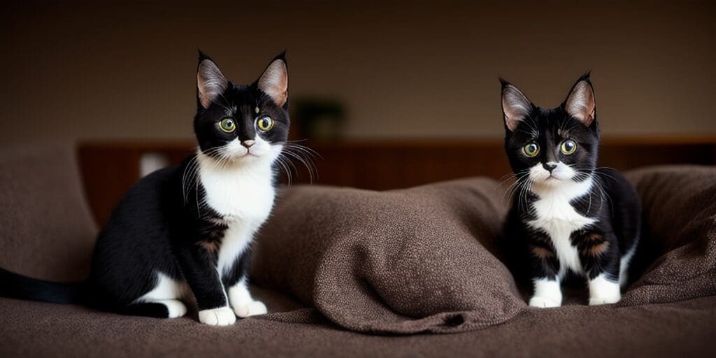 Two black and white cats sitting on a brown blanket, looking at the camera.