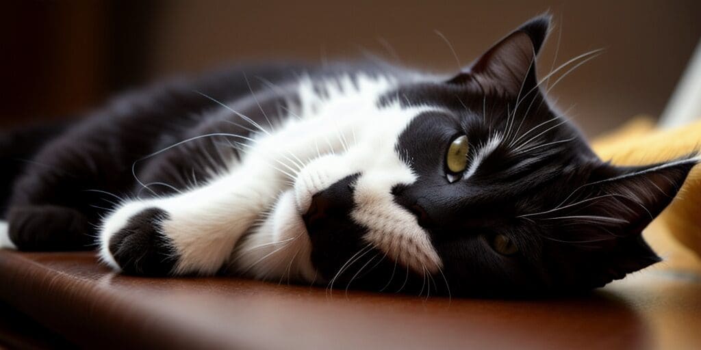 A black and white cat is lying on a brown leather surface. The cat has green eyes and a white mustache.