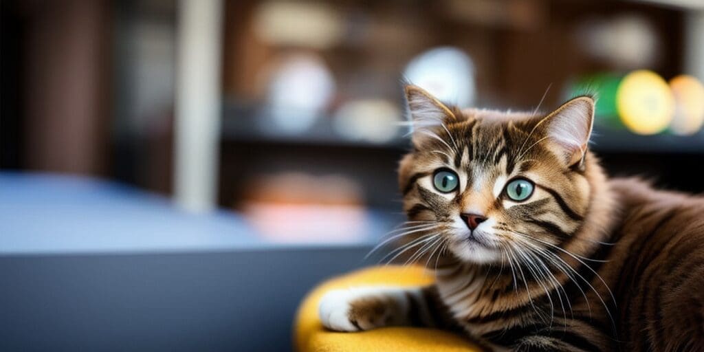 A brown tabby cat with green eyes is sitting on a yellow cushion. The cat is looking at the camera. The background is blurred.