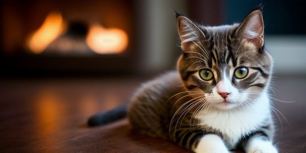 A gray and white kitten is sitting on a wooden floor in front of a fireplace. The kitten is looking at the camera with its green eyes.